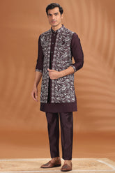 Wine Purple Silk Embroidered Kurta Pajama with Jacket